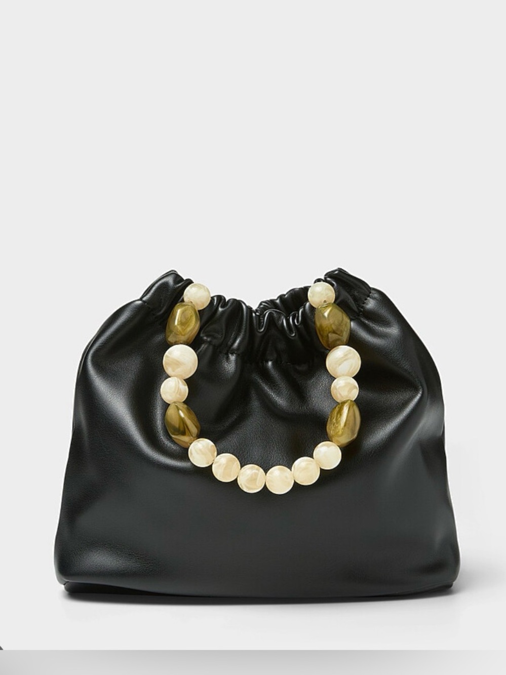 Black Beaded Handle Soft Pouch Bag